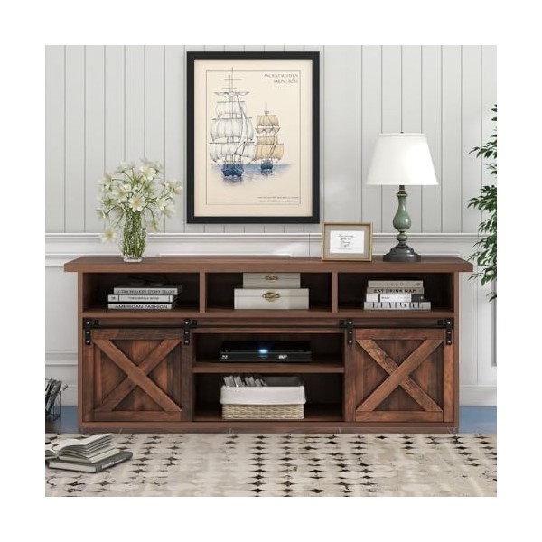 Sweiko Meuble TV avec 2 portes coulissantes, meuble TV bas en bois avec 9 compartiments de rangement, style industriel avec é