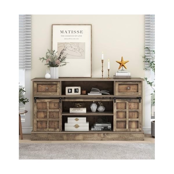 Sweiko Meuble TV avec 2 portes coulissantes, meuble TV bas en bois avec 9 compartiments de rangement, style industriel avec é