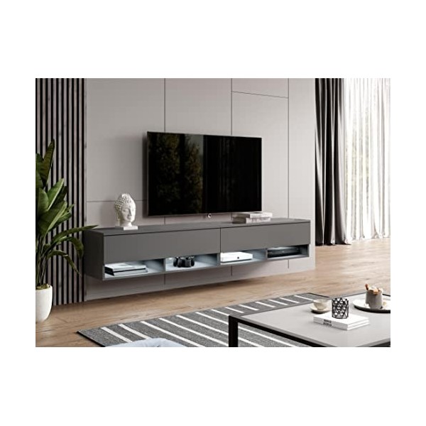 Furnix Alyx - Meuble TV bas - 200 x 34 x 32 cm l x H x P - Sans éclairage LED - 4 compartiments avec porte « Push Click », 