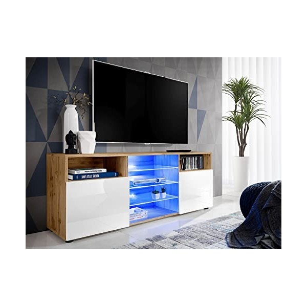ExtremeFurniture T38 Meuble TV, Carcasse en Wotan Mat/Façade en Blanc Brillant + LED Bleues