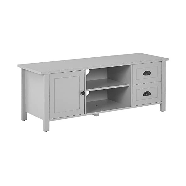 Meuble TV Buffet Gris Clair en Bois dIngénierie avec 2 Tiroirs et Porte Étagères Trous Passe-câble Style Rustique et Scandin