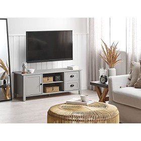 Meuble TV Buffet Gris Clair en Bois dIngénierie avec 2 Tiroirs et Porte Étagères Trous Passe-câble Style Rustique et Scandin