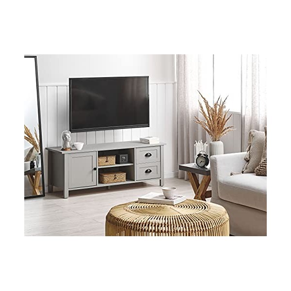 Meuble TV Buffet Gris Clair en Bois dIngénierie avec 2 Tiroirs et Porte Étagères Trous Passe-câble Style Rustique et Scandin