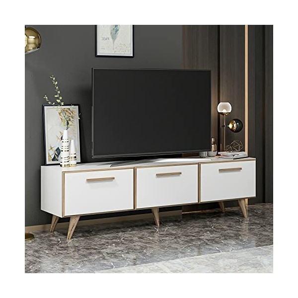 [en.casa] Meuble TV de Salon à 3 Portes Support Banc Télé avec Espaces de Rangement Panneau de Particules Plastique 45 x 160 