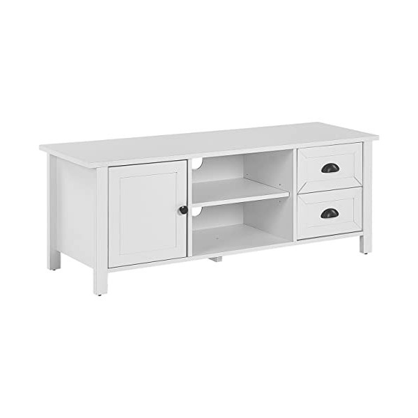 Meuble TV Buffet Blanc en Bois dIngénierie avec 2 Tiroirs et Porte Étagères et Trous Passe-câble pour Salon au Style Rustiqu
