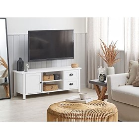 Meuble TV Buffet Blanc en Bois dIngénierie avec 2 Tiroirs et Porte Étagères et Trous Passe-câble pour Salon au Style Rustiqu