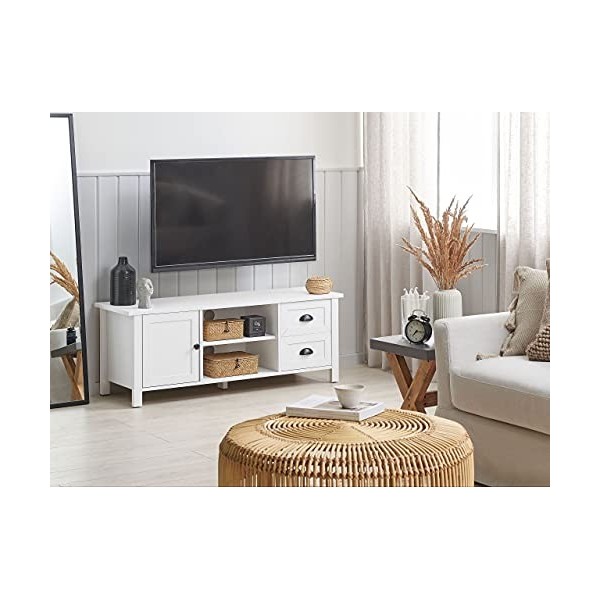 Meuble TV Buffet Blanc en Bois dIngénierie avec 2 Tiroirs et Porte Étagères et Trous Passe-câble pour Salon au Style Rustiqu