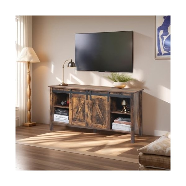 YU YUSING Meuble TV, Support Télé pour Téléviseur Jusqu’à 55 Pouces, Table Télévision avec 2 Portes, Étagères Réglables, Banc