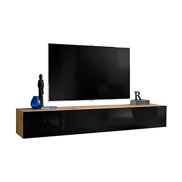 ExtremeFurniture T34-200 Meuble TV, Carcasse en Wotan Mat/Façade en Noir Brillant