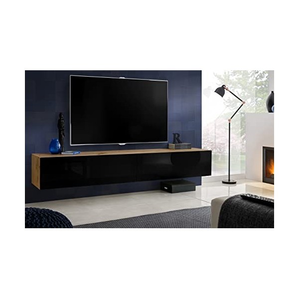 ExtremeFurniture T34-200 Meuble TV, Carcasse en Wotan Mat/Façade en Noir Brillant