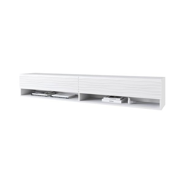 Meuble TV Lowboard A 180 cm, Meuble TV avec éclairage LED en option, Deux étagères, Meuble TV suspendu Blanc ondulé sans écl