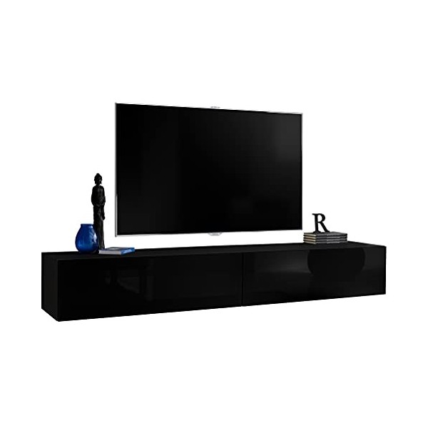 ExtremeFurniture T34-200 Meuble TV, Carcasse en Noir Mat/Façade en Noir Brillant