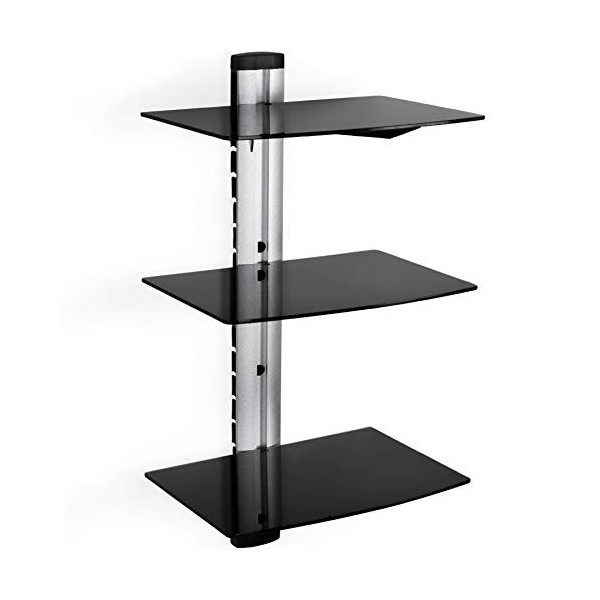 TecTake Etagère murale en verre pour lecteurs DVD Blu-Ray Console de jeu PS3 PS4 Xbox one 360 et décodeur 3 étagères Noir/Ar