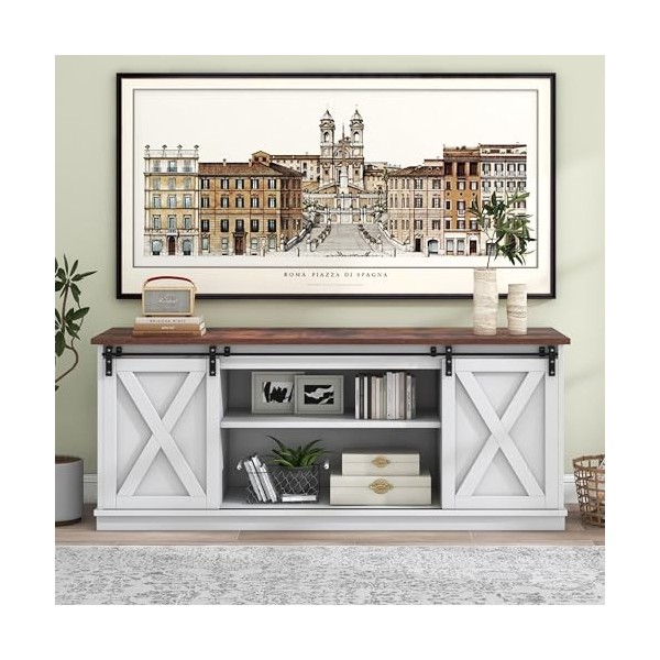 okwish Meuble de Salon, Meuble TV Gris-Marron de 1,5 mètre sur Mesure avec 2 Portes coulissantes, 9 rangements Dont 2 tiroirs