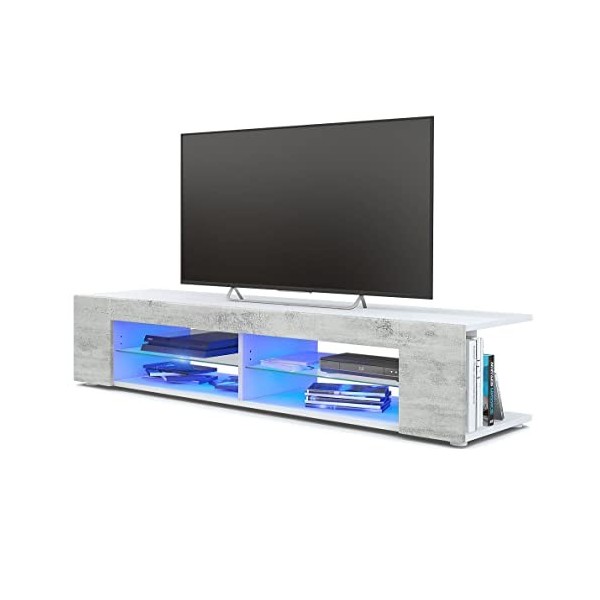 Vladon Buffet Bas Movie, Meuble TV avec 4 Compartiments Ouverts et placages décoratifs, Blanc Mat/Aspect Béton Oxyde, éclaira