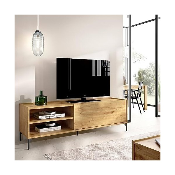 Dmora Meuble TV Asinara, Bas, Buffet de Salon pour télévision, 155 x 43 x 47 cm, Noeuds, Mélamine, Chêne et Anthracite