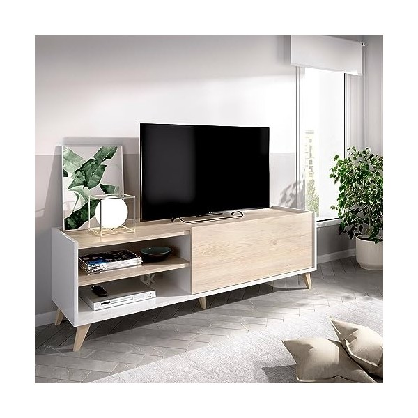 Dmora Meuble TV Asinara, Bas, Buffet de Salon pour télévision, 155 x 43 x 47 cm, Noeuds, Mélamine, Chêne et Anthracite