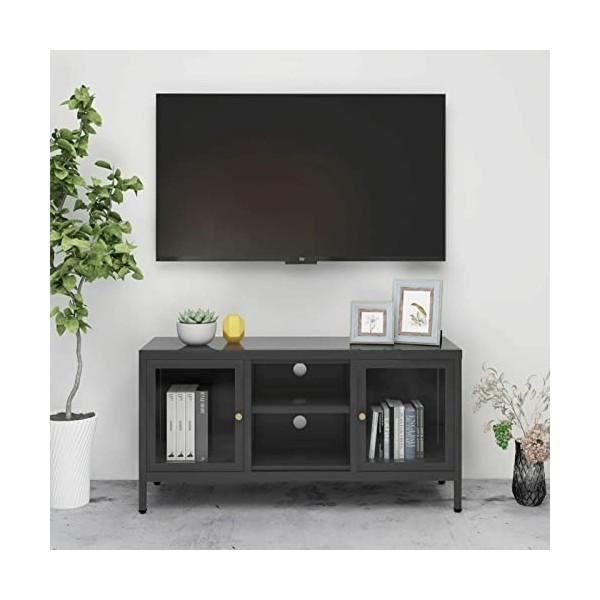 Tidyard Meuble TV Anthracite 105x35x52 cm Acier et Verre,Meuble TV,Meuble de Salon,pour Salon,Bureau,Divertissement