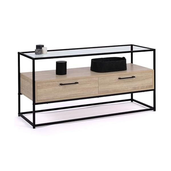 IDMarket - Meuble TV Solano 2 tiroirs Plateau en Verre et Pied métal Design Industriel 113 cm