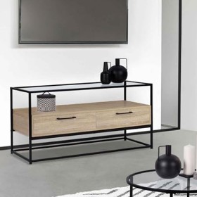 IDMarket - Meuble TV Solano 2 tiroirs Plateau en Verre et Pied métal Design Industriel 113 cm