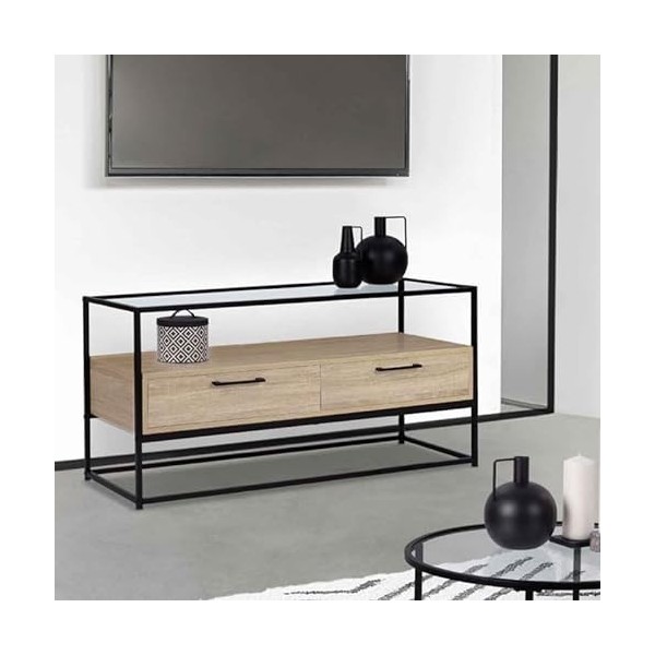 IDMarket - Meuble TV Solano 2 tiroirs Plateau en Verre et Pied métal Design Industriel 113 cm