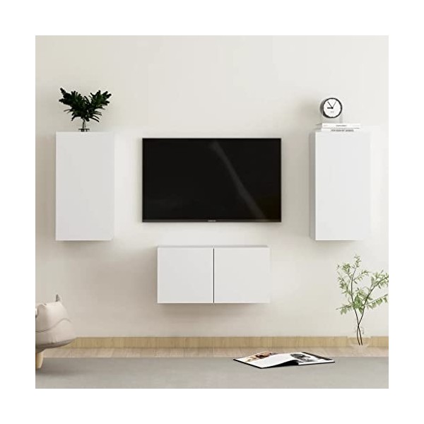lvssiao Meuble TV pour salon avec 3 pièces en aggloméré Blanc très résistant Module TV pour chambre à coucher salon