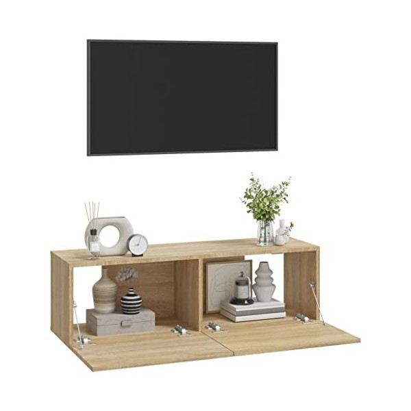 lvssiao Module TV pour salle à manger, meuble TV mural 2 pièces en contreplaqué chêne 100 x 30 x 30 cm Kit de montage facile