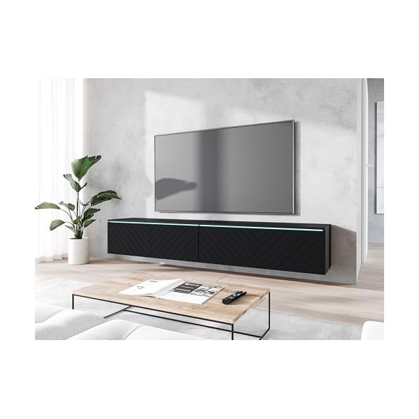 Meuble TV Donna, Largeur 180 cm, Lowboard TV, Debout ou Suspendu, Meuble Salon, Panneaux de Particules stratifiés, Style Mode