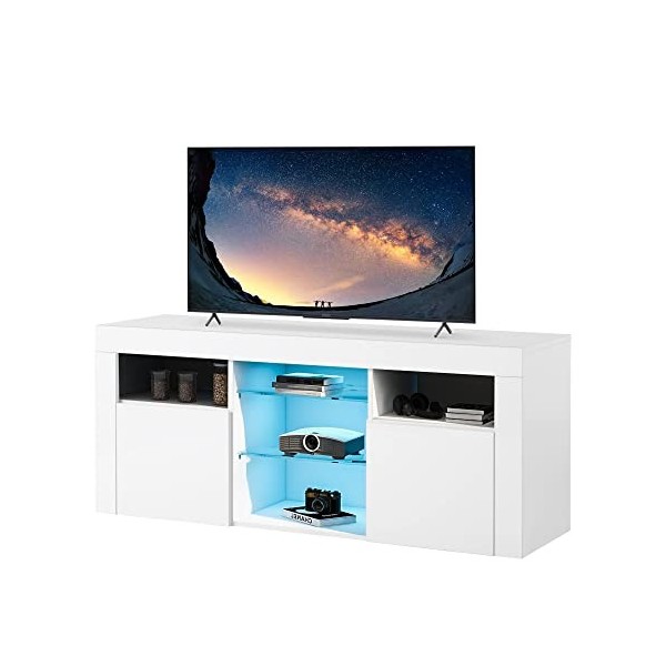 ZTFORUS Meuble TV LED, Table TV, Meuble TV avec 2 armoires avec Portes et 5 étagères Ouvertes, éclairage LED 16 Couleurs, Meu