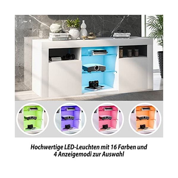 ZTFORUS Meuble TV LED, Table TV, Meuble TV avec 2 armoires avec Portes et 5 étagères Ouvertes, éclairage LED 16 Couleurs, Meu