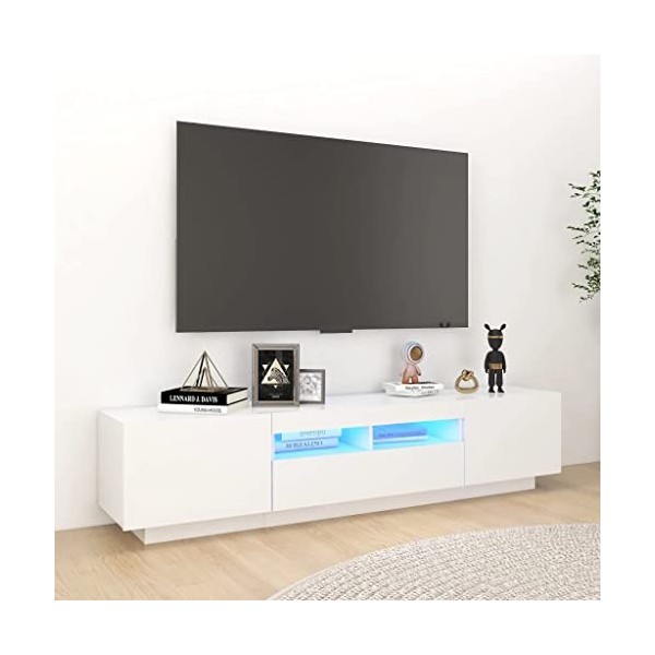 Hovothy Meuble TV avec Lumières LED RVB Blanc 180x35x40 cm Bois dingénierie Décoration Salon Armoire Multimédia Rangement Am