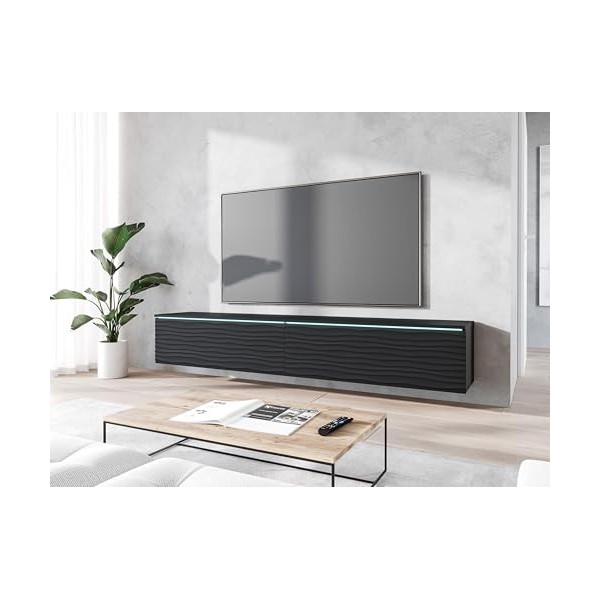 Meuble TV Lowboard D 180 cm, meuble TV, table TV, éclairage LED en option, couleur noire ondulée sans éclairage LED 