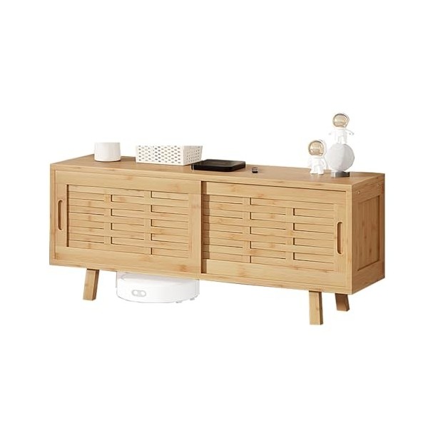 XRRJFYH Table TV Bambou, Porte Coulissante, Meuble Tele, Meuble TV 100 cm/150 cm, Meuble Télé pour Salon, Chambre, Bureau Co