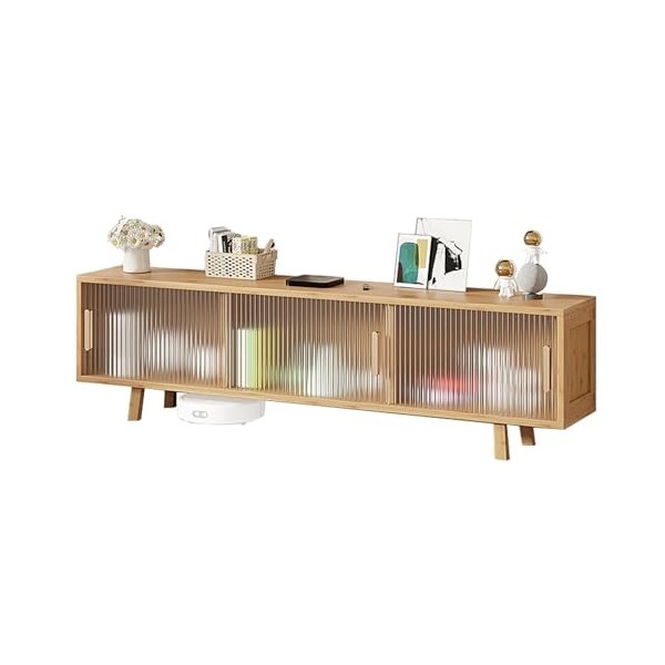XRRJFYH Table TV Bambou, Porte Coulissante, Meuble Tele, Meuble TV 100 cm/150 cm, Meuble Télé pour Salon, Chambre, Bureau Co