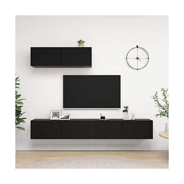 Meubles TV 3 pcs Noir Aggloméré - Meuble TV de Salon Banc Télé Industriel, Support Rangement Console Jeux Etagères