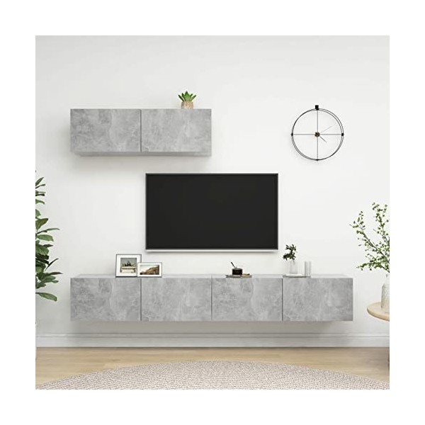 JUNZAI Meubles TV 3 pcs Gris béton Aggloméré,Meuble TV,Table Basse Salon Meuble TV,Table Basse LED Couleurs