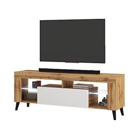 Selsey HugoB - Meuble TV - 140 cm, Chêne Lancaster/Blanc Brillant, LED à Piles - Style Moderne