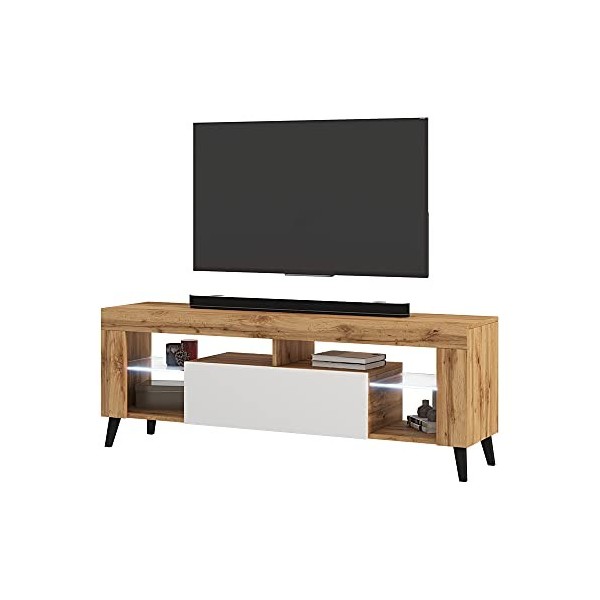 Selsey HugoB - Meuble TV - 140 cm, Chêne Lancaster/Blanc Brillant, LED à Piles - Style Moderne