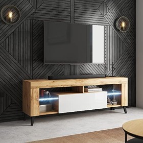 Selsey HugoB - Meuble TV - 140 cm, Chêne Lancaster/Blanc Brillant, LED à Piles - Style Moderne
