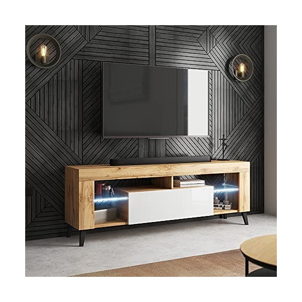 Selsey HugoB - Meuble TV - 140 cm, Chêne Lancaster/Blanc Brillant, LED à Piles - Style Moderne