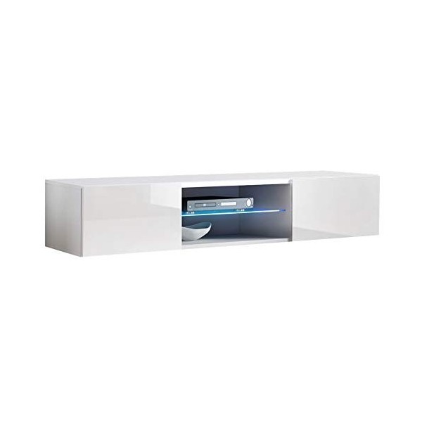 MB Muebles Bonitos | Meuble TV Suspendu 2 Portes | Meuble TV de Salon avec LED | 160 x 30 x 439cm | Blanc Finition Brillante 