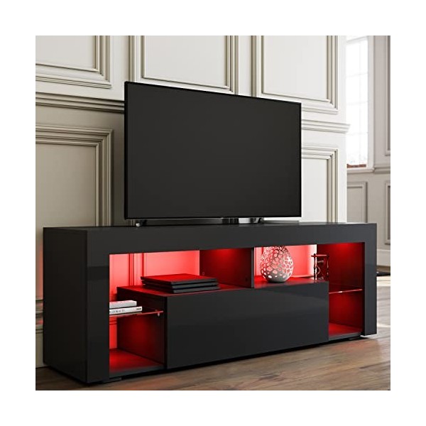 SIRHONA Meuble TV LED Noir, Banc TV 140x35x51cm, Éclairage LED RGB avec Couleur réglable, Capacité de Charge 30 kg, Convient 