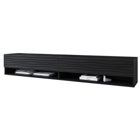 Meuble TV Lowboard A 180 cm, Meuble TV avec éclairage LED en option, Deux étagères, Meuble TV suspendu Noir Ondulé avec écla