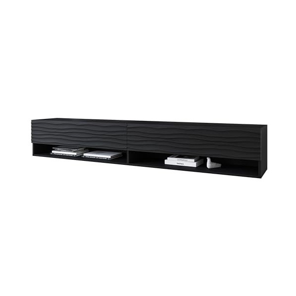 Meuble TV Lowboard A 180 cm, Meuble TV avec éclairage LED en option, Deux étagères, Meuble TV suspendu Noir Ondulé avec écla