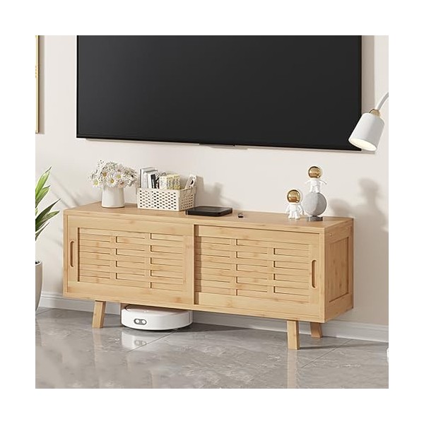 XRRJFYH Meuble TV Bambou, Porte Coulissante, Table TV, Meuble Télé pour Television de 45 À 75 Pouces, Meuble Tele pour Salon,