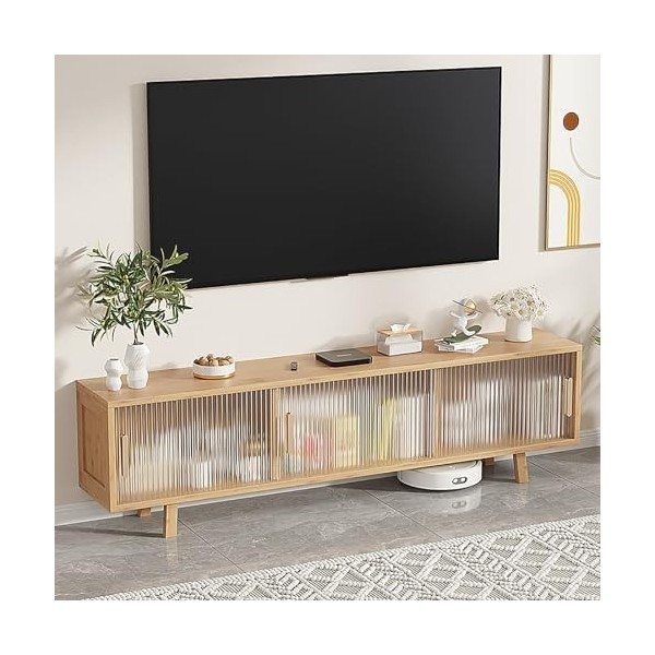 XRRJFYH Meuble TV Bambou, Porte Coulissante, Table TV, Meuble Télé pour Television de 45 À 75 Pouces, Meuble Tele pour Salon,