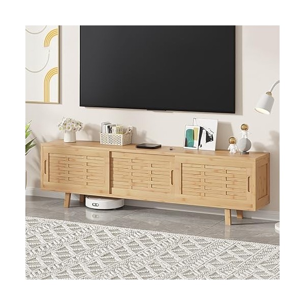 XRRJFYH Meuble TV Bambou, Porte Coulissante, Table TV, Meuble Télé pour Television de 45 À 75 Pouces, Meuble Tele pour Salon,