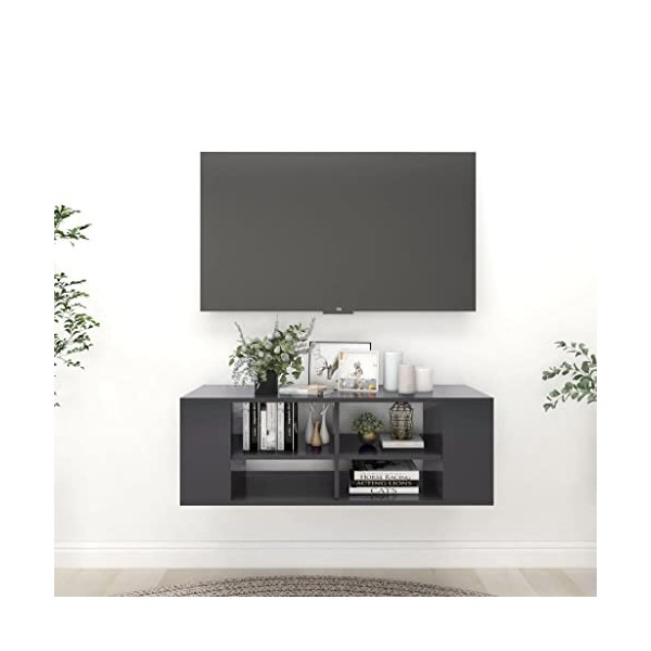 Meuble TV Suspendu | Style Contemporain | Rangement matériel télé Audio Video Gaming | 102x35x35cm Gris