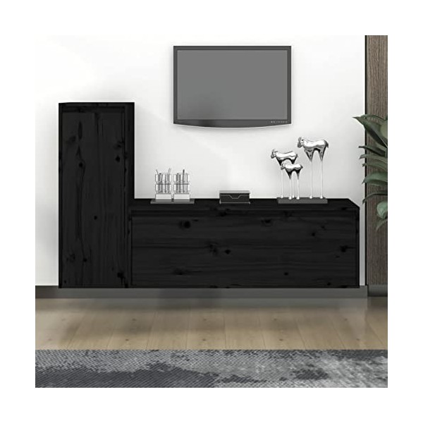 ZEYUAN Meubles TV 2 pcs Noir Bois Massif de pin,Meuble TV,Meuble TV Moderne,Meuble de Salon