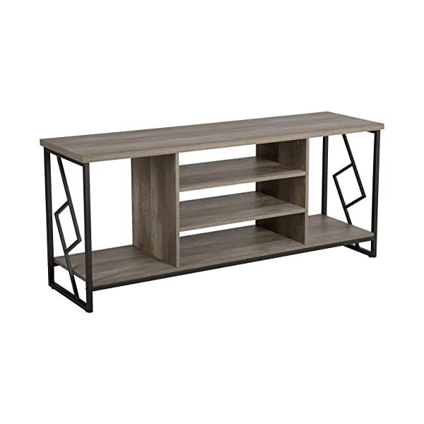 Meuble Tv au Style Industriel Rangement Ouvert 2 Étagères Effet Bois Foncé et Structure Design en Métal Noir Idéal pour Salon